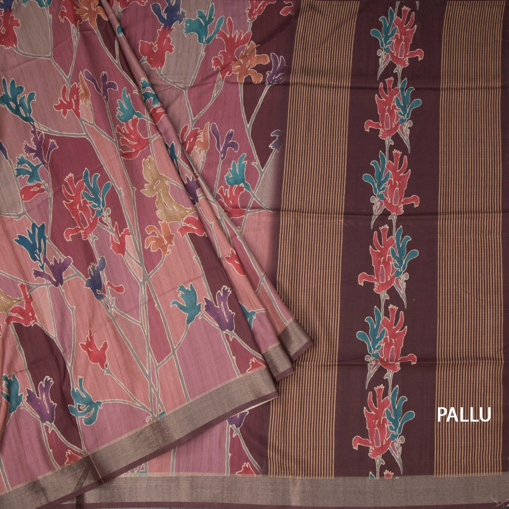 Raw Silk Pink Printed Saree And Zari Border