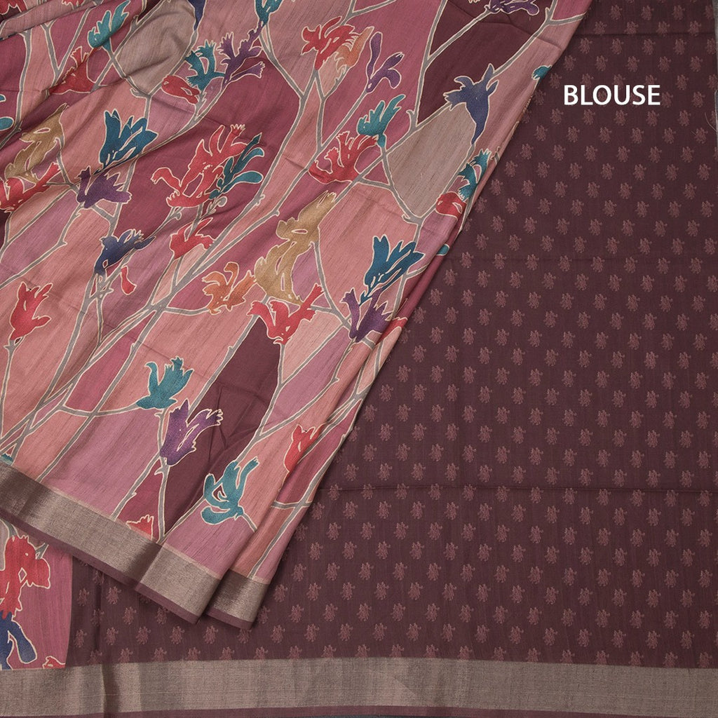 Raw Silk Pink Printed Saree And Zari Border
