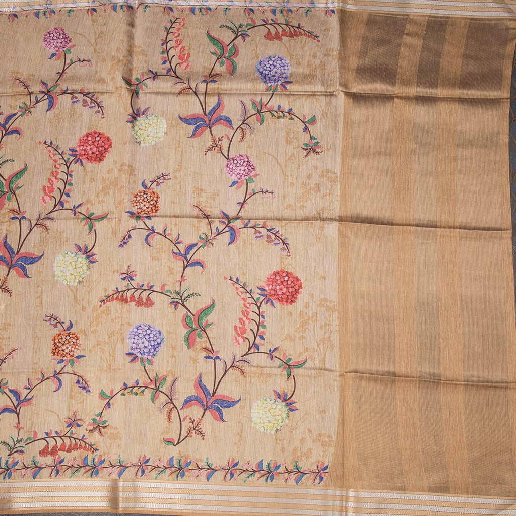 Raw Silk Sandal Floral Printed Saree With Zari Border