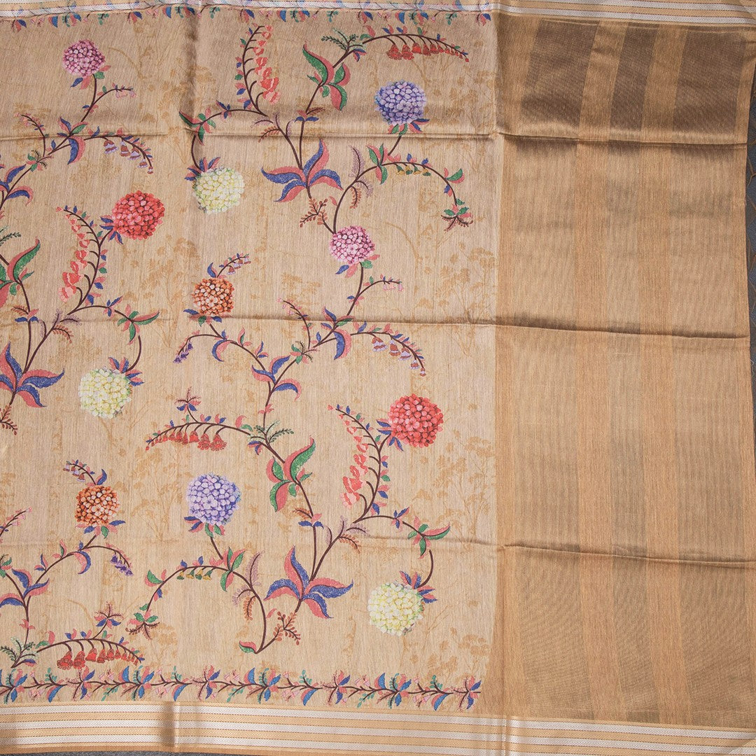 Raw Silk Sandal Floral Printed Saree With Zari Border