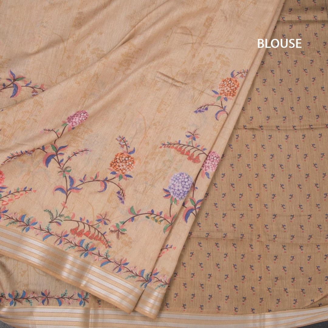 Raw Silk Sandal Floral Printed Saree With Zari Border