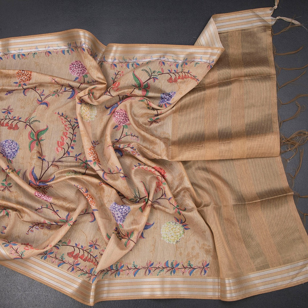 Raw silk sandal floral printed saree with zari border from Shriyara Life, featuring colorful floral patterns and intricate border details.