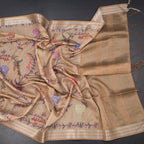 Raw silk sandal floral printed saree with zari border from Shriyara Life, featuring colorful floral patterns and intricate border details.