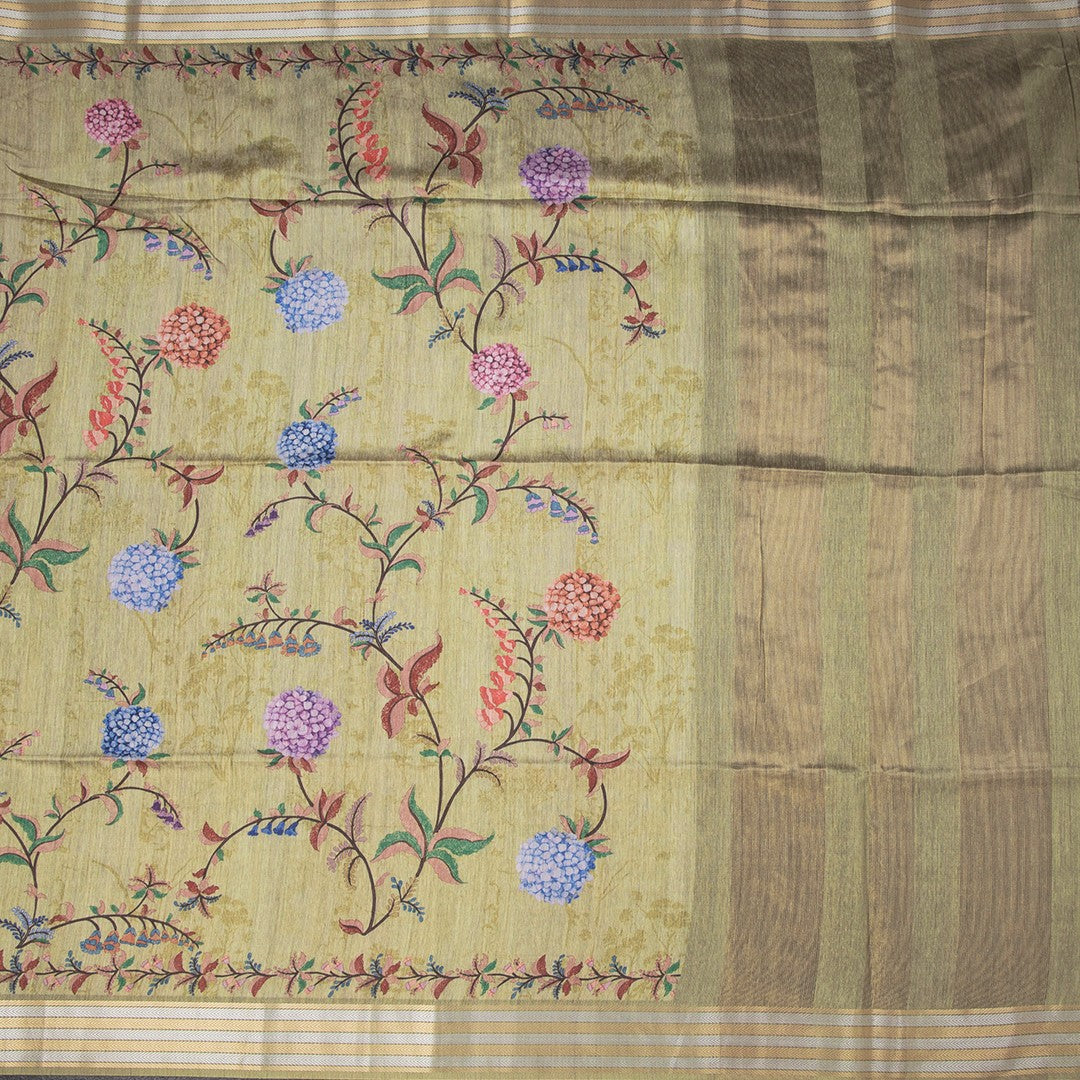 Raw Silk Pista Green Floral Printed Saree And Zari Border
