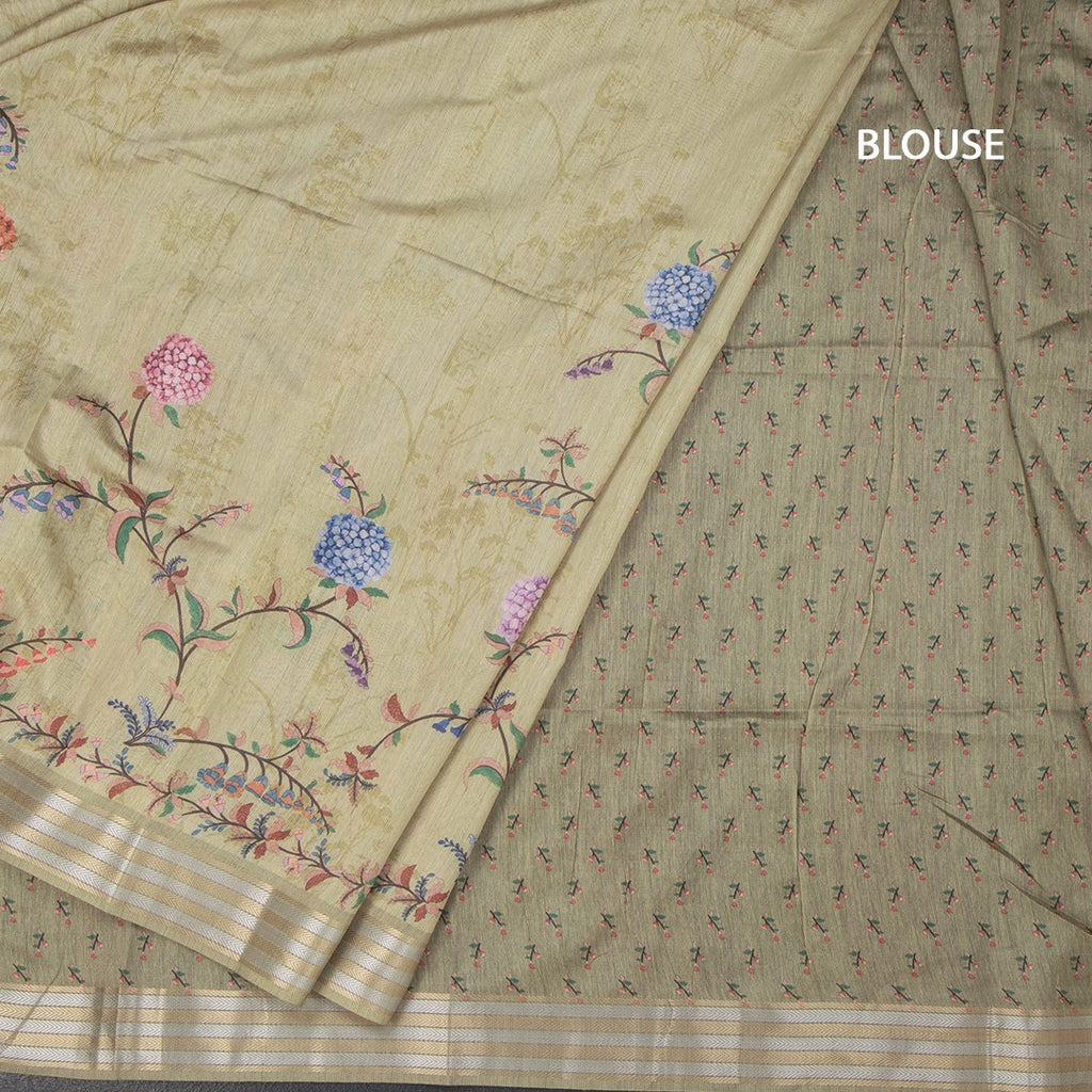 Raw Silk Pista Green Floral Printed Saree And Zari Border
