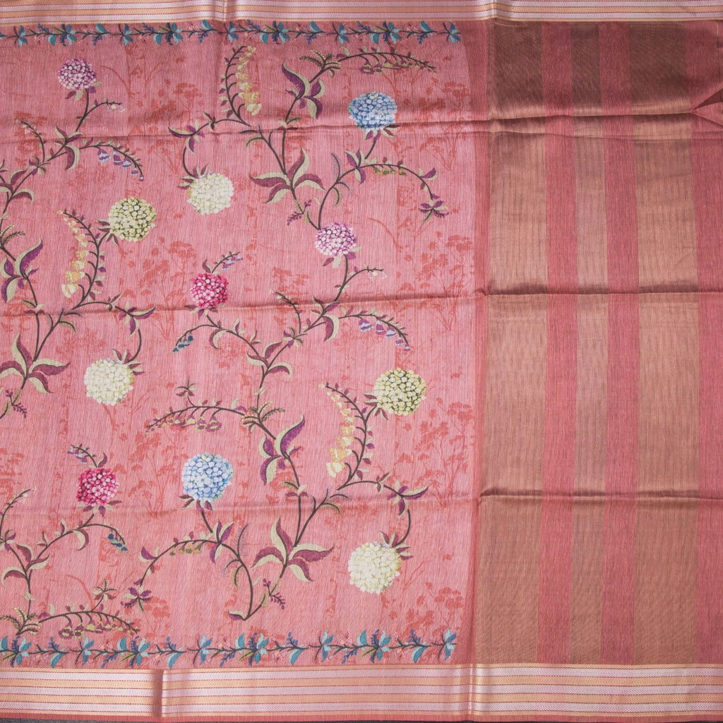 Raw Silk Coral Pink Floral Printed Saree And Zari Border