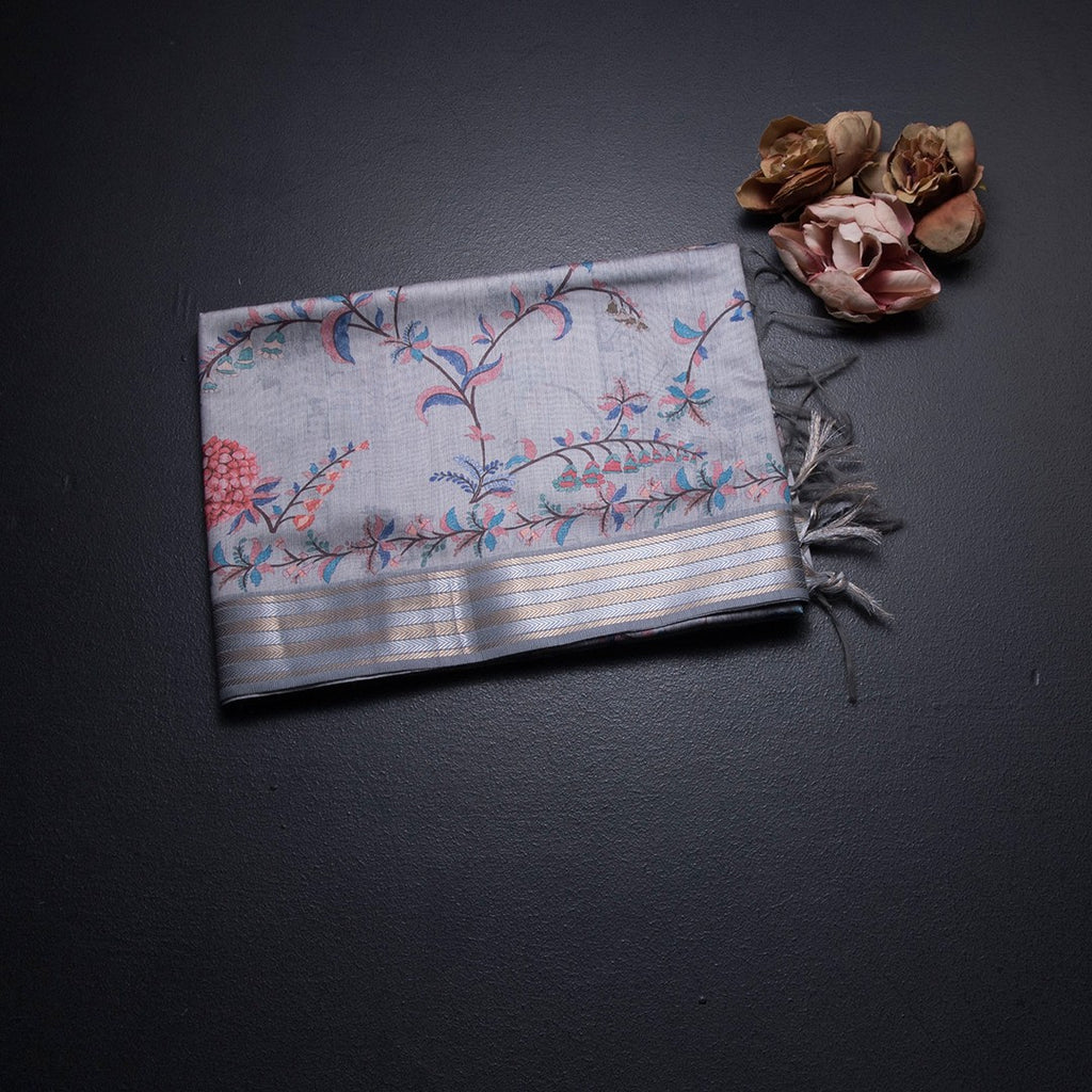 Raw Silk Light Grey Floral Printed Saree And Zari Border