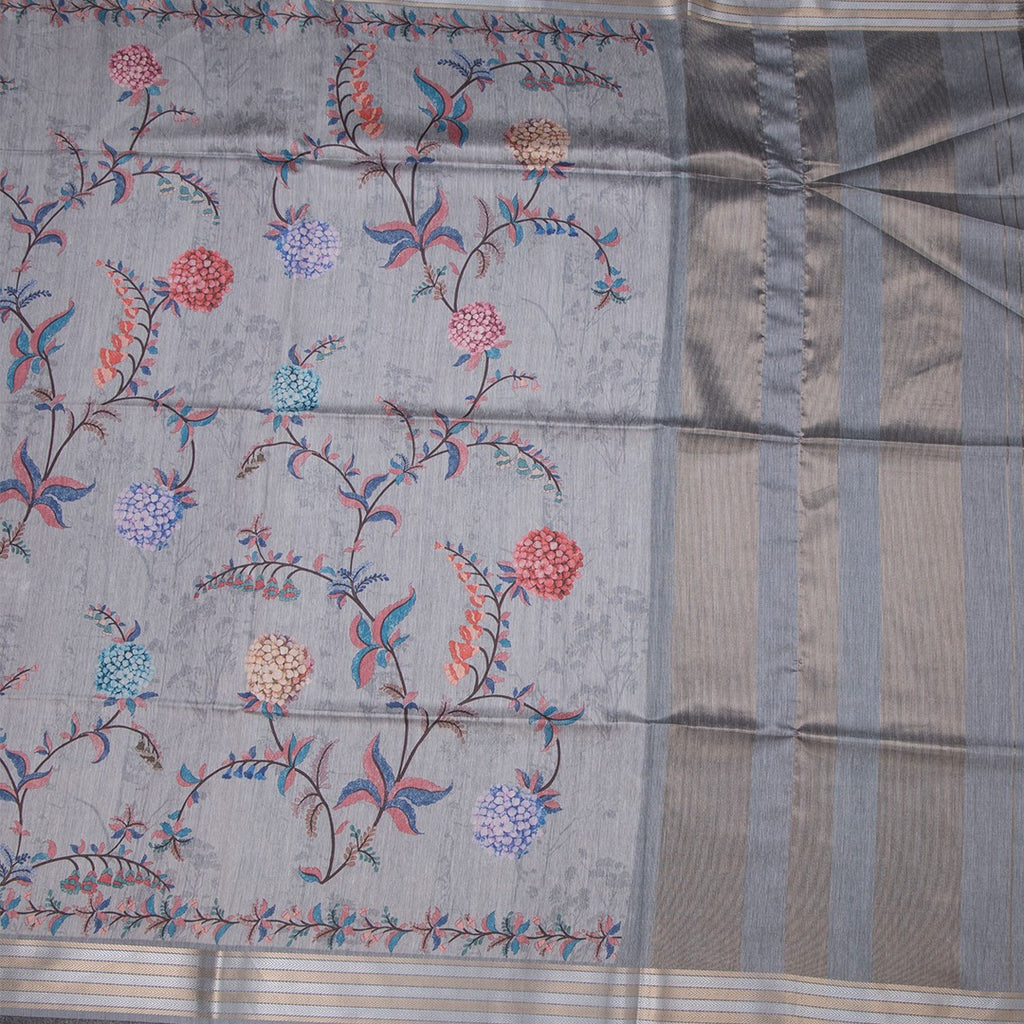 Raw Silk Light Grey Floral Printed Saree And Zari Border