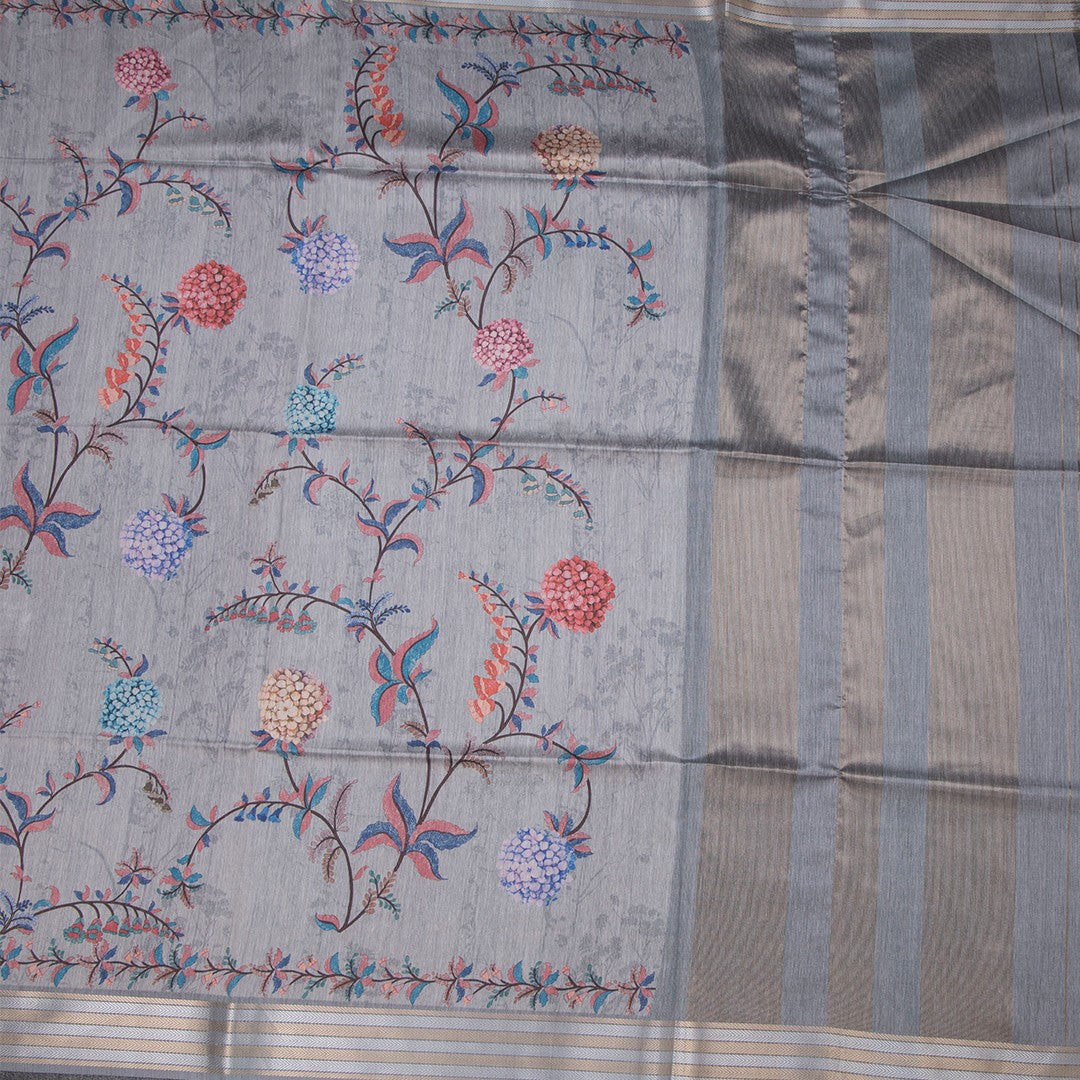 Raw Silk Light Grey Floral Printed Saree And Zari Border