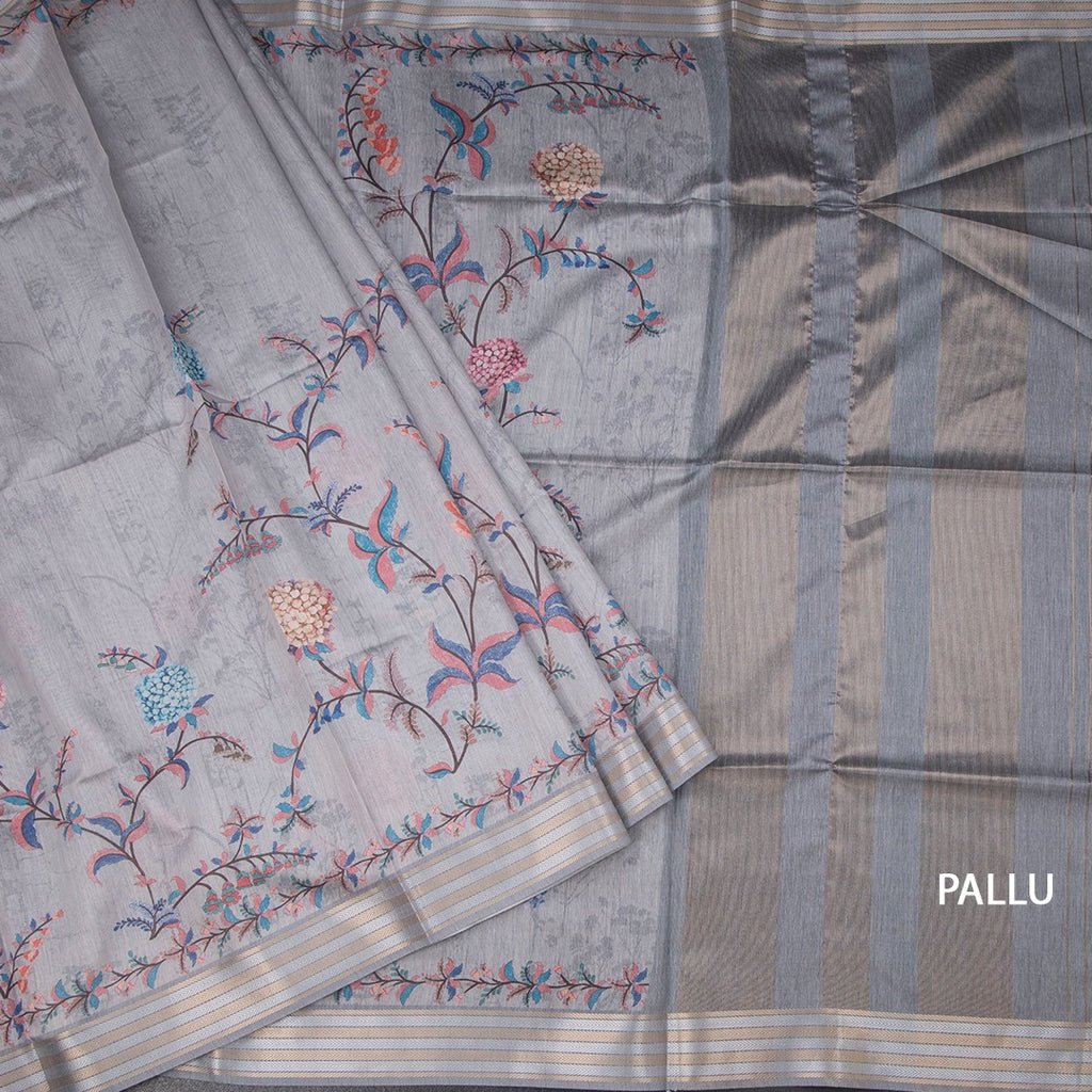Raw Silk Light Grey Floral Printed Saree And Zari Border