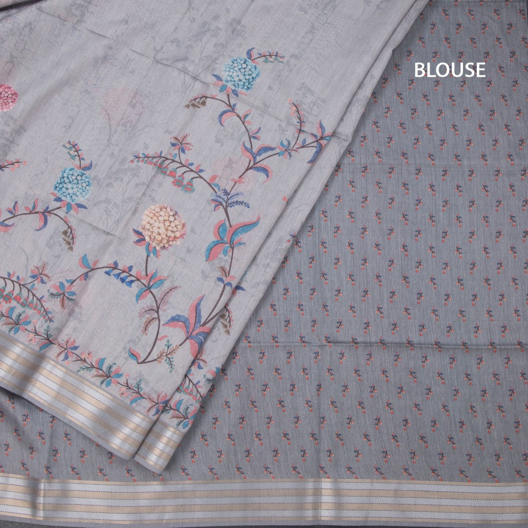Raw Silk Light Grey Floral Printed Saree And Zari Border