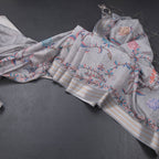 Raw Silk Light Grey Floral Printed Saree And Zari Border
