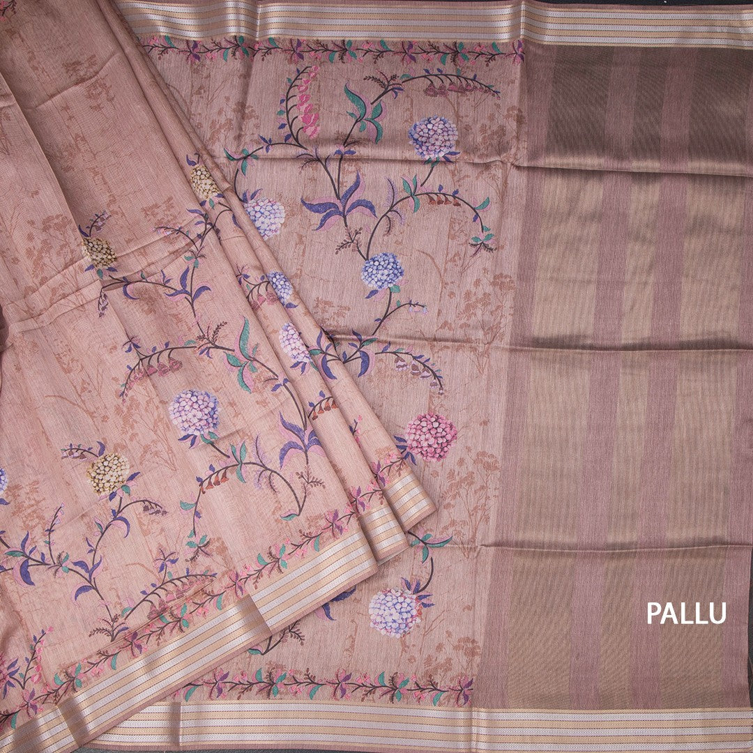Raw Silk Light Brown Floral Printed Saree And Zari Border