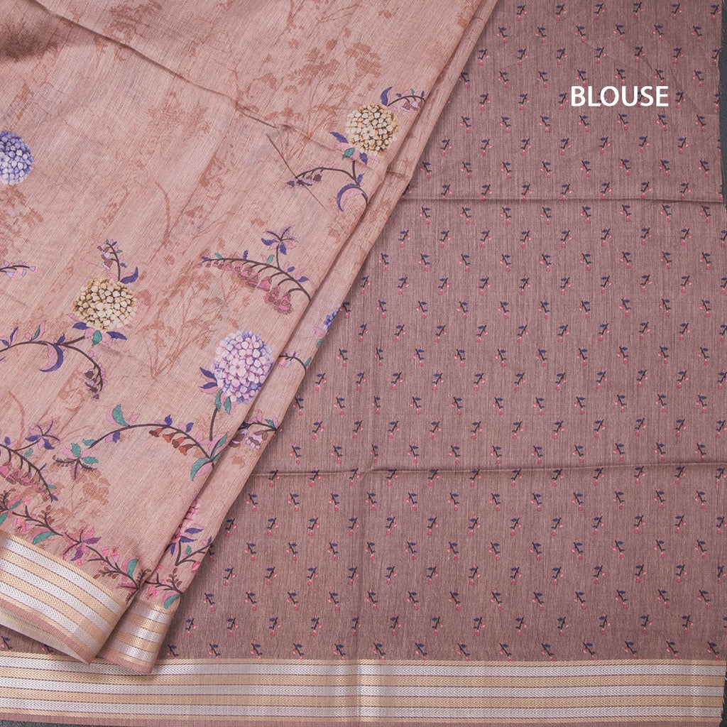 Raw Silk Light Brown Floral Printed Saree And Zari Border