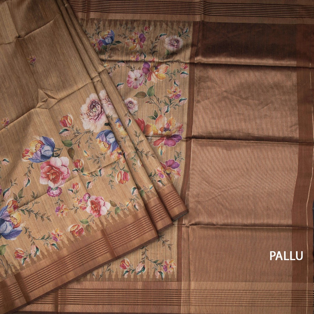Raw Silk Golden Brown Floral Printed Saree And Zari Border