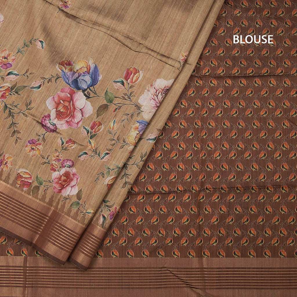 Raw Silk Golden Brown Floral Printed Saree And Zari Border