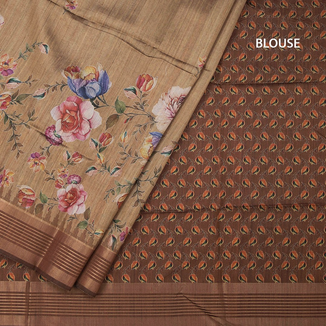 Raw Silk Golden Brown Floral Printed Saree And Zari Border