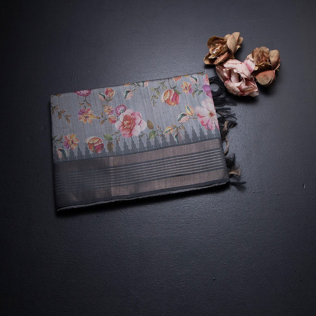 Raw Silk Fossil Grey Floral Printed Saree And Zari Border