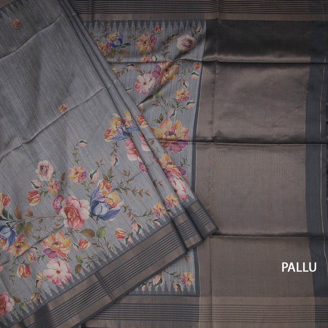 Raw Silk Fossil Grey Floral Printed Saree And Zari Border