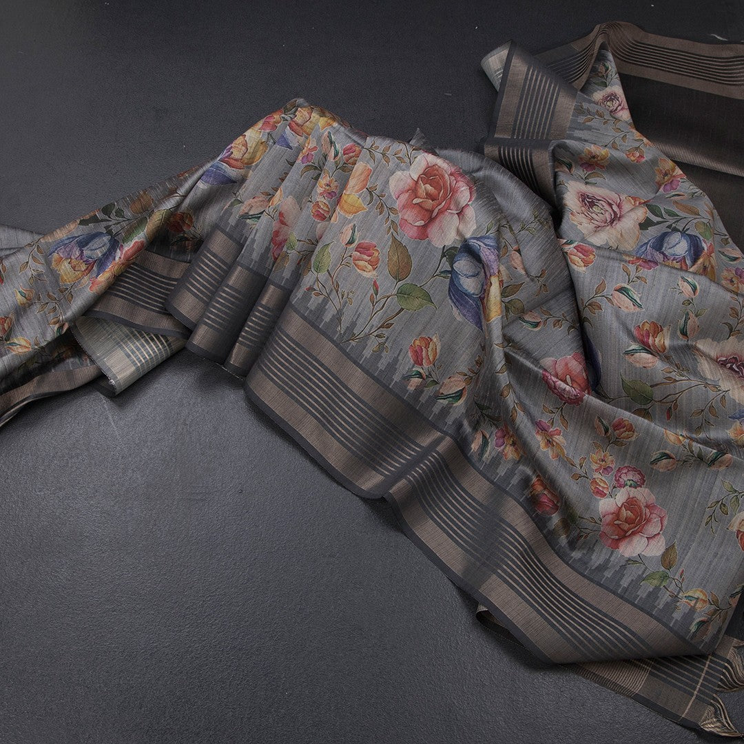 Raw Silk Fossil Grey Floral Printed Saree And Zari Border