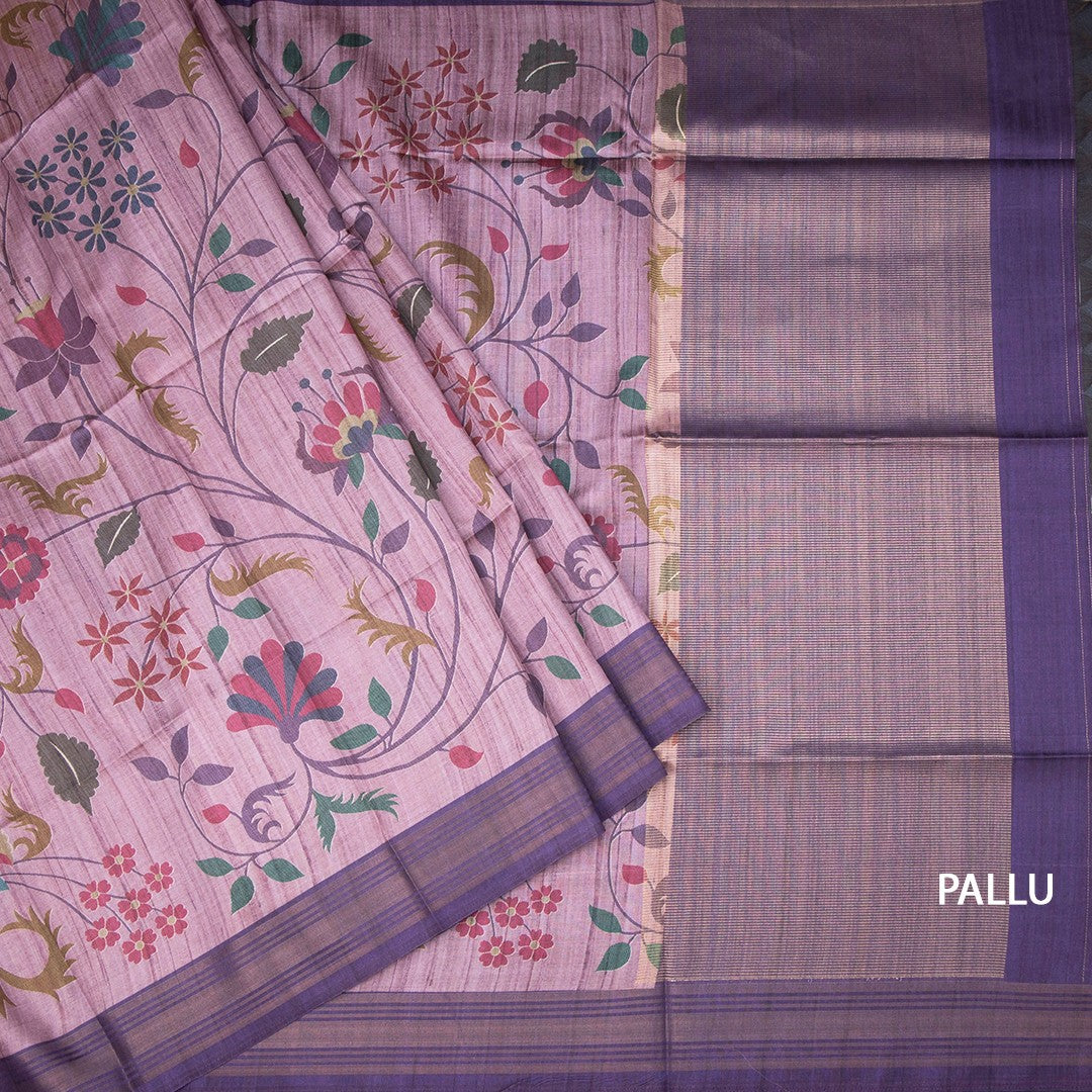 Raw Silk Onion Pink Floral Printed Saree And Zari Border