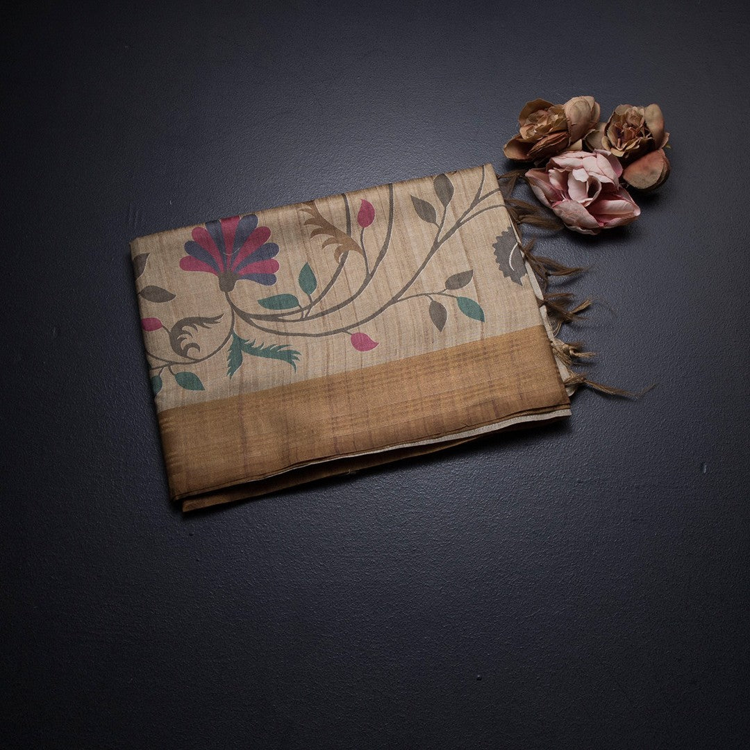 Raw Silk Golden Brown Floral Printed Saree And Zari Border 02