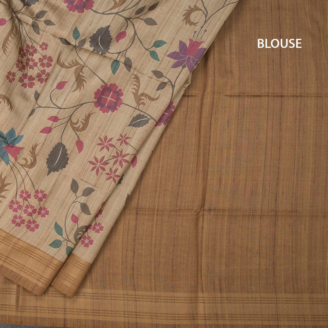 Raw Silk Golden Brown Floral Printed Saree And Zari Border 02