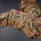Raw Silk Golden Brown Floral Printed Saree And Zari Border 02