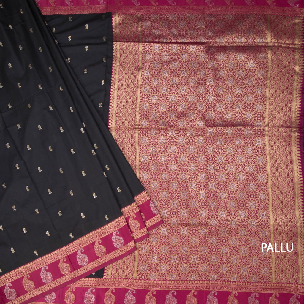 Art Silk Black Saree With Zari Buttas And Mango Border