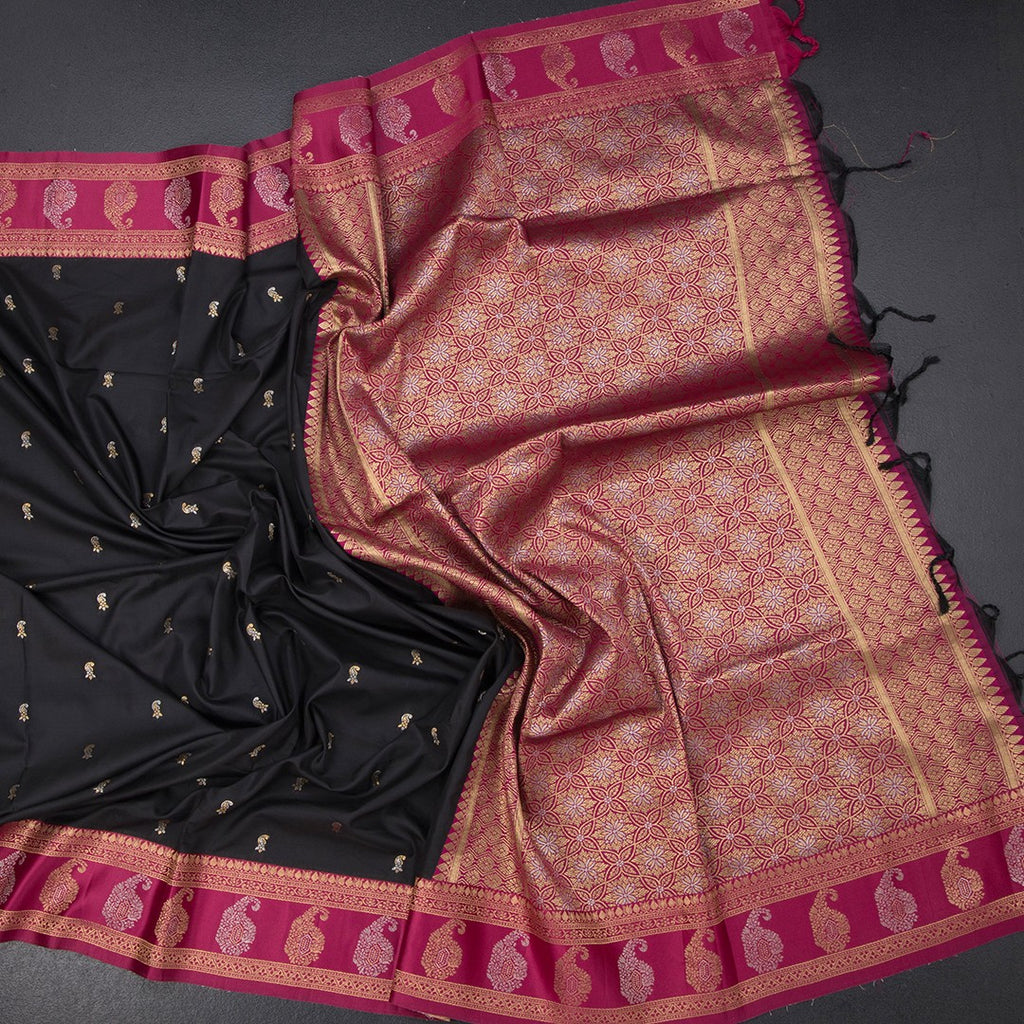 Art Silk Black Saree With Zari Buttas And Mango Border