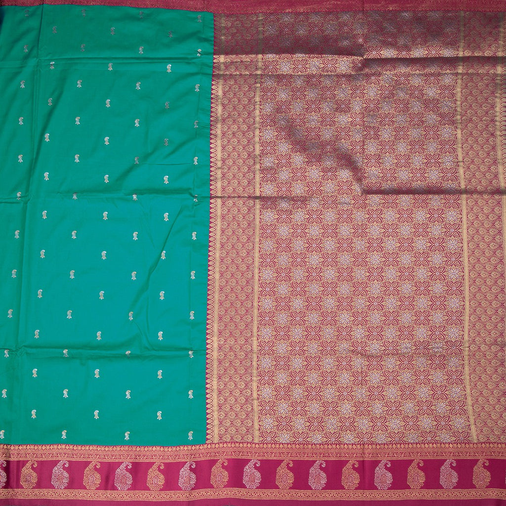 Art Silk Peacock Green Saree With Zari Buttas And Mango Border