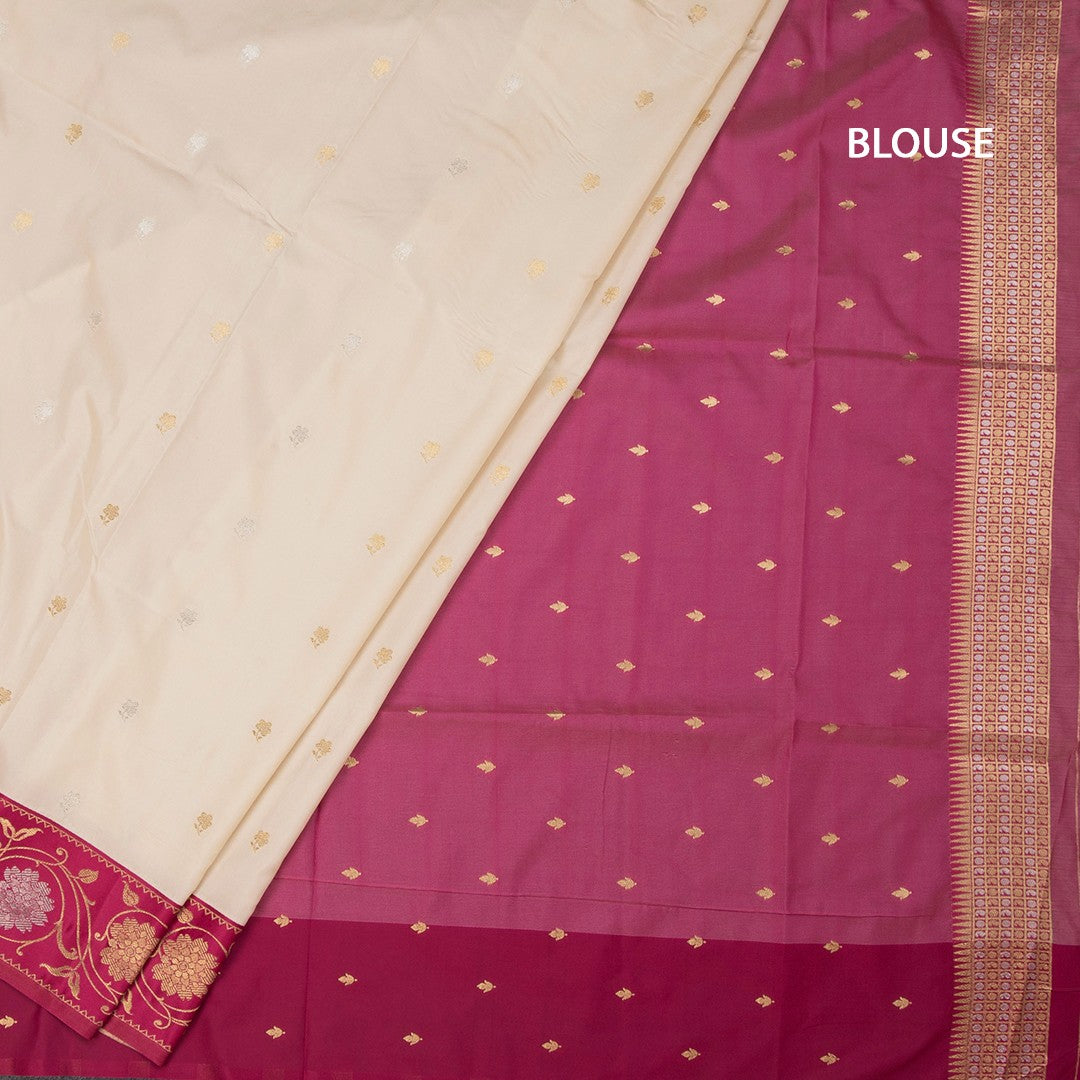 Art Silk Cream Saree With Zari Buttas And Floral Border