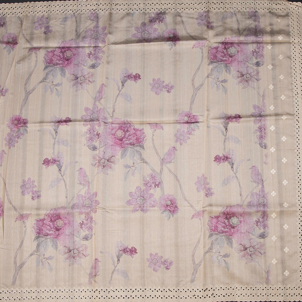 Raw Silk Cream Floral Printed Saree And Thread Cut Work  Border