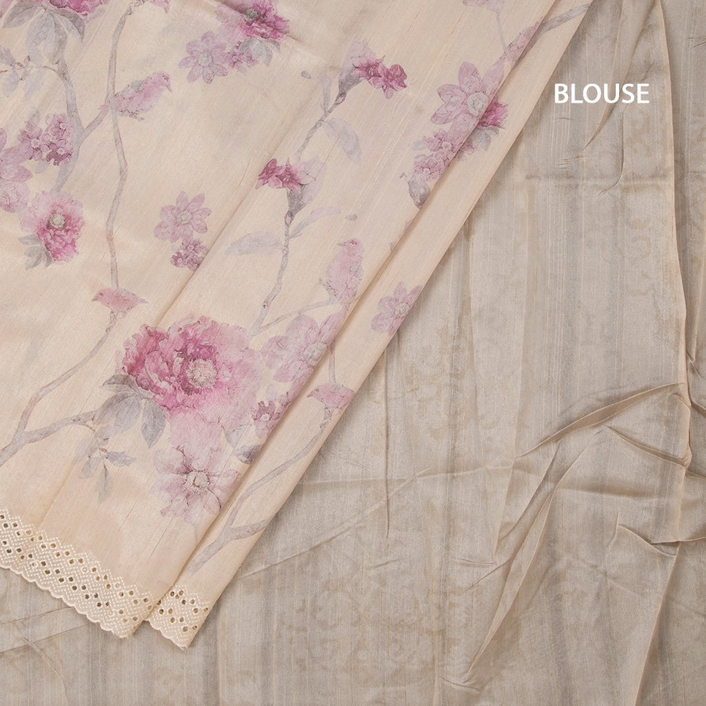 Raw Silk Cream Floral Printed Saree And Thread Cut Work  Border