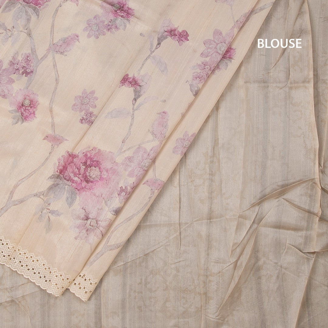 Raw Silk Cream Floral Printed Saree And Thread Cut Work  Border
