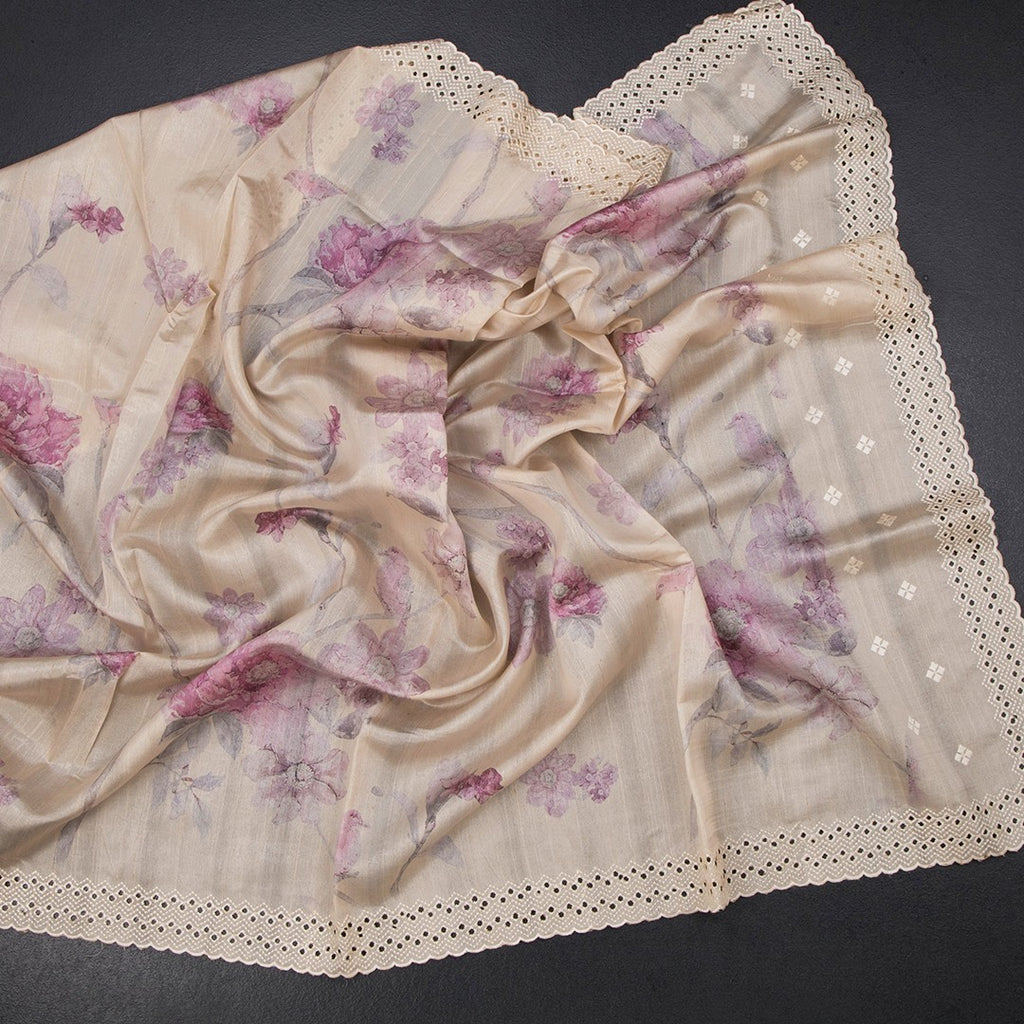 Raw silk saree with floral print and thread cut work border from Shriyara Life, showcasing intricate design and elegant craftsmanship.