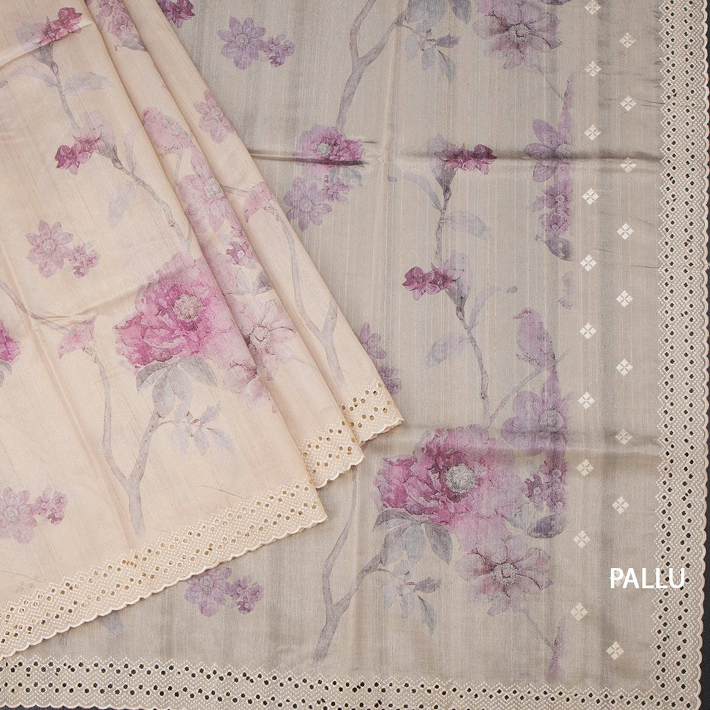 Raw Silk Cream Floral Printed Saree And Thread Cut Work  Border