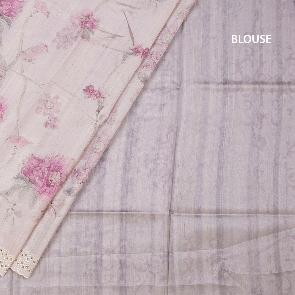 Raw Silk Light Onion Pink Floral Printed Saree And Cut Work Border
