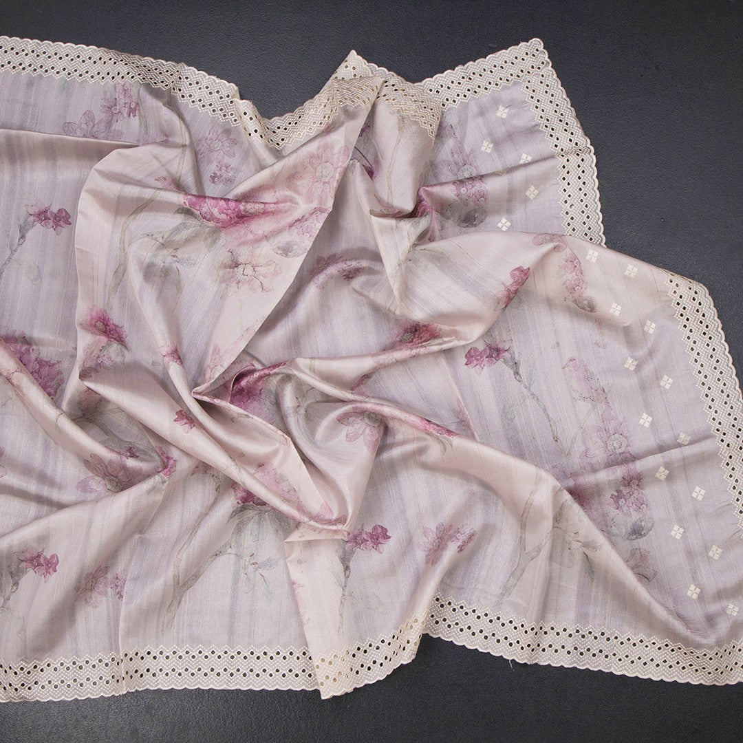 Raw silk saree in light onion pink with floral print and cut work border by Shriyara Life, showcasing elegant traditional design.