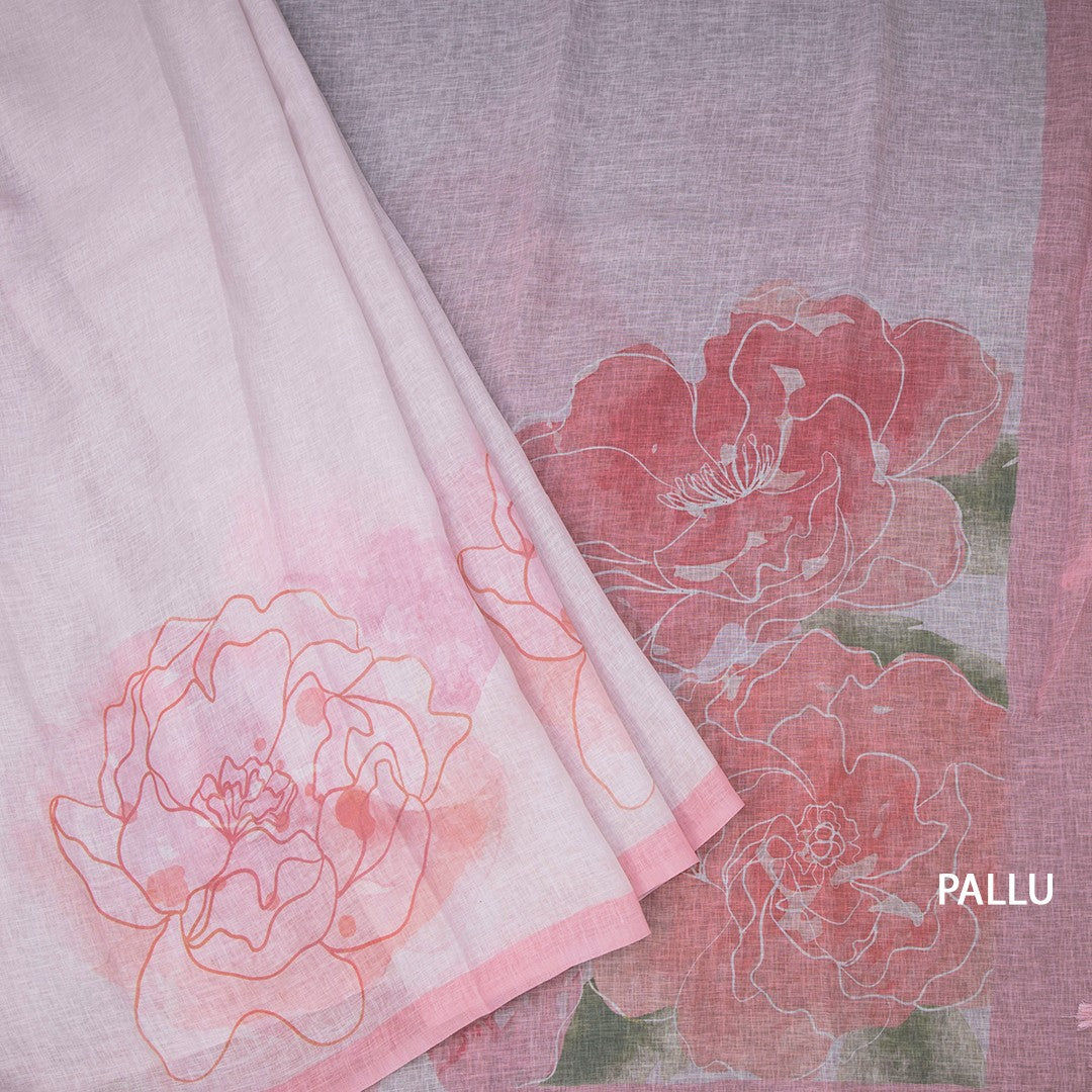 Linen Light Pink Borderless Floral Printed Saree
