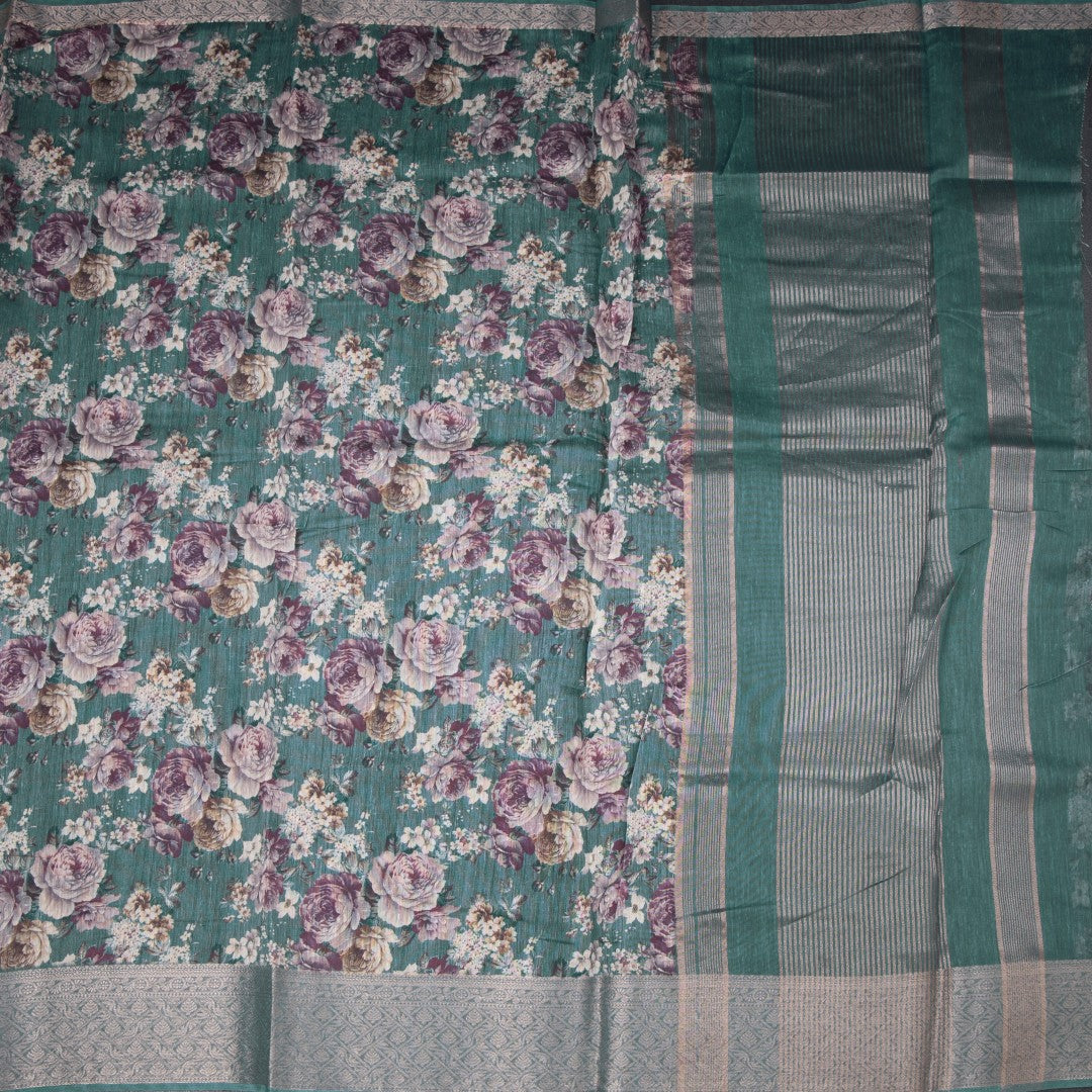 Semi Linen Teal Green Floral Printed Saree 03