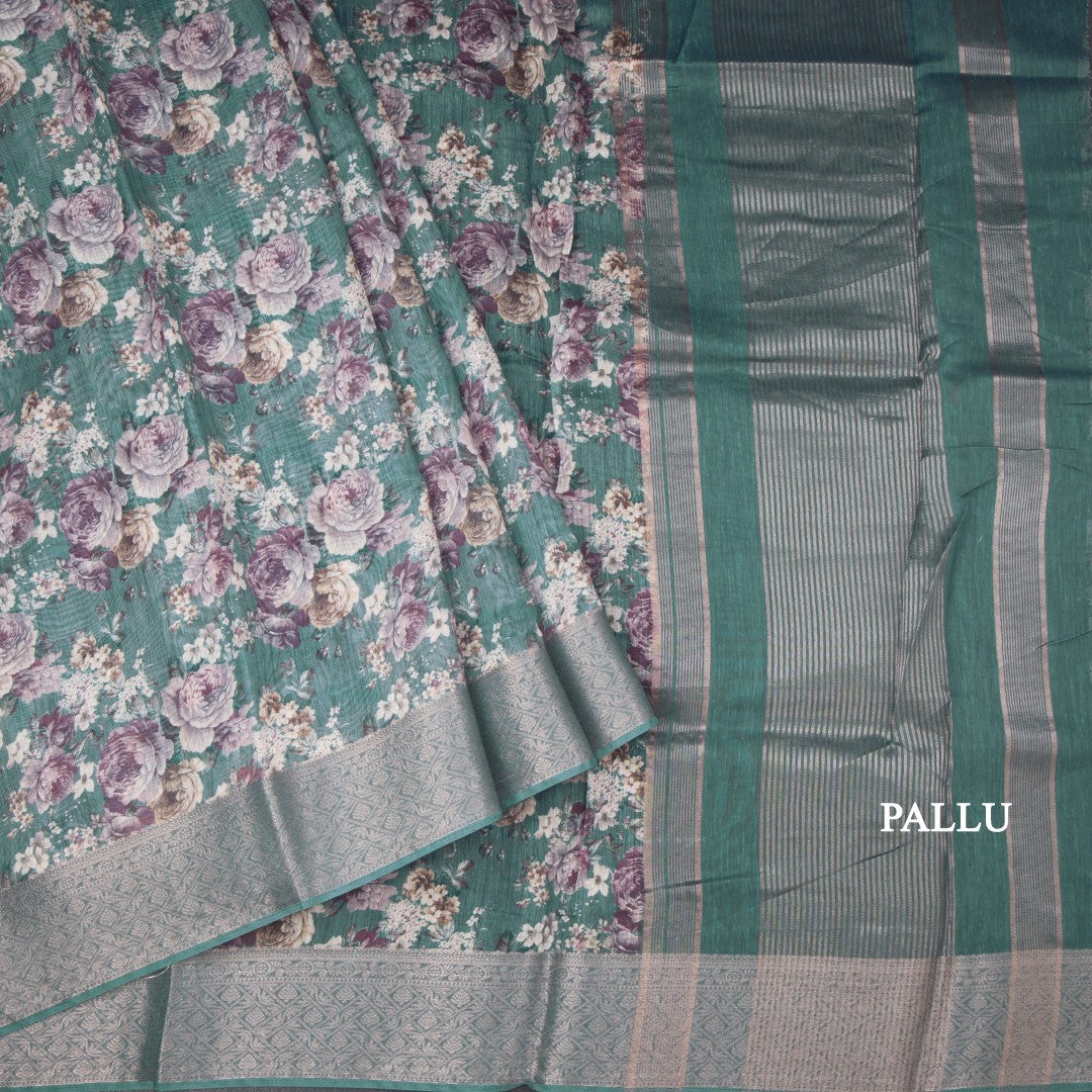 Semi Linen Teal Green Floral Printed Saree 03