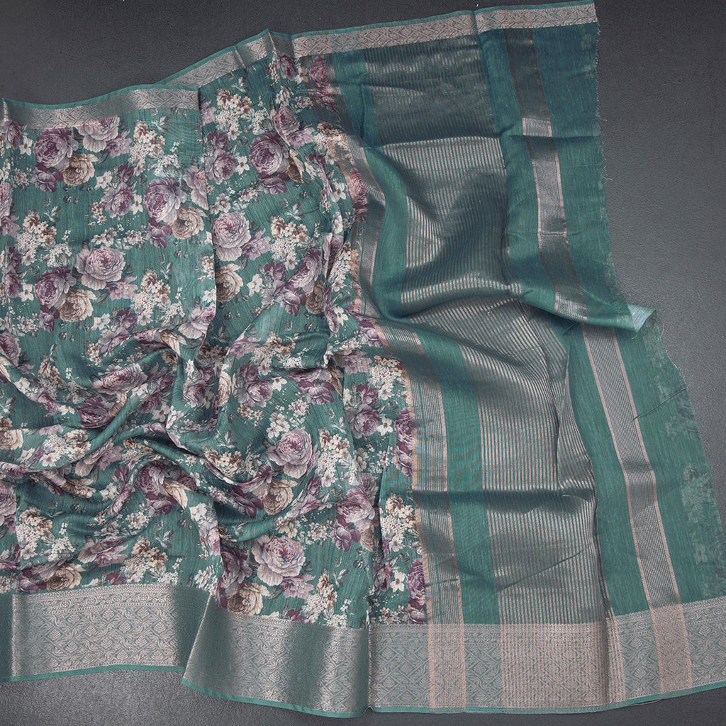 Semi Linen Teal Green Floral Printed Saree 03