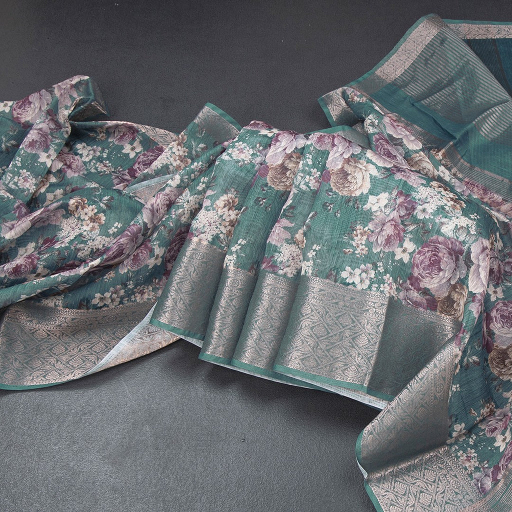 Semi Linen Teal Green Floral Printed Saree 03
