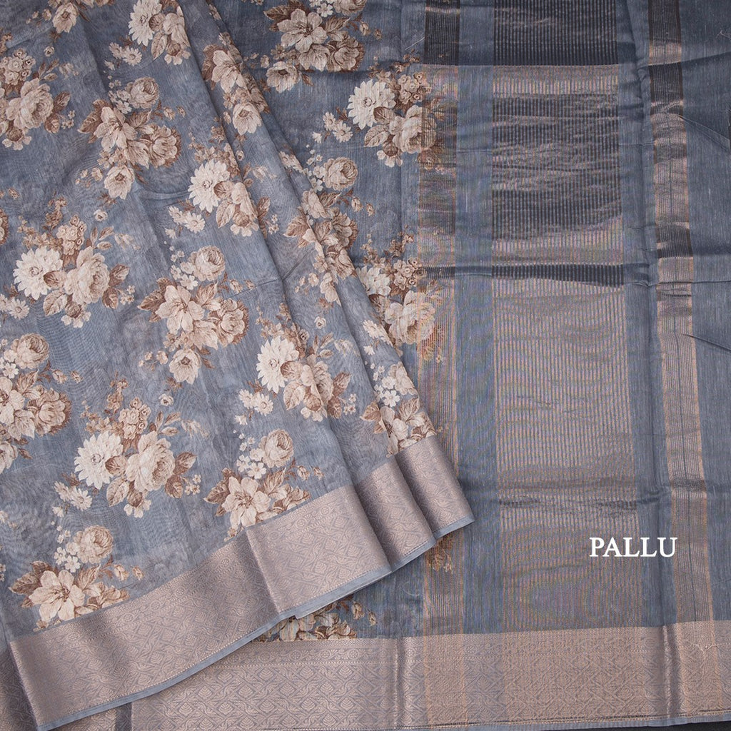 Semi Linen Grey Floral Printed Saree 09