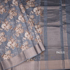 Semi Linen Grey Floral Printed Saree 09