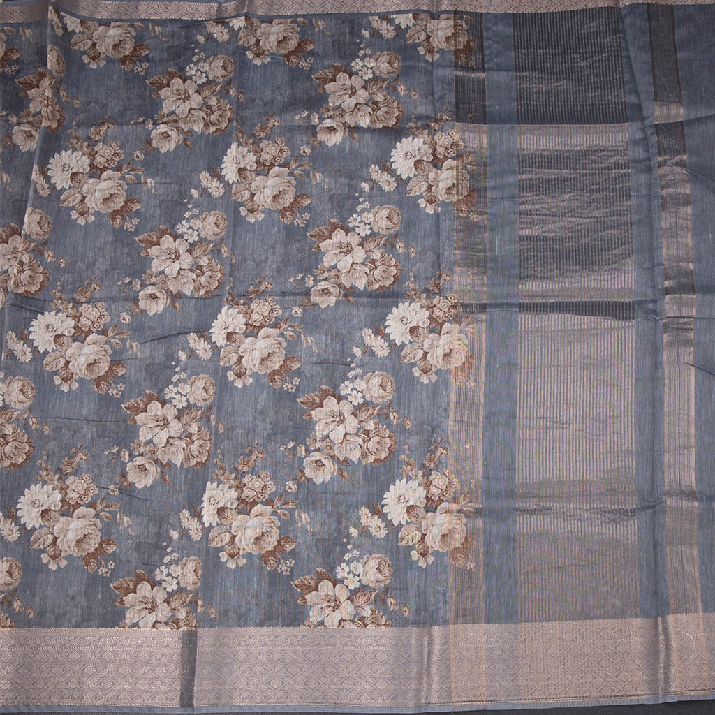 Semi Linen Grey Floral Printed Saree 09