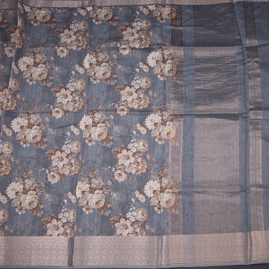 Semi Linen Grey Floral Printed Saree 09