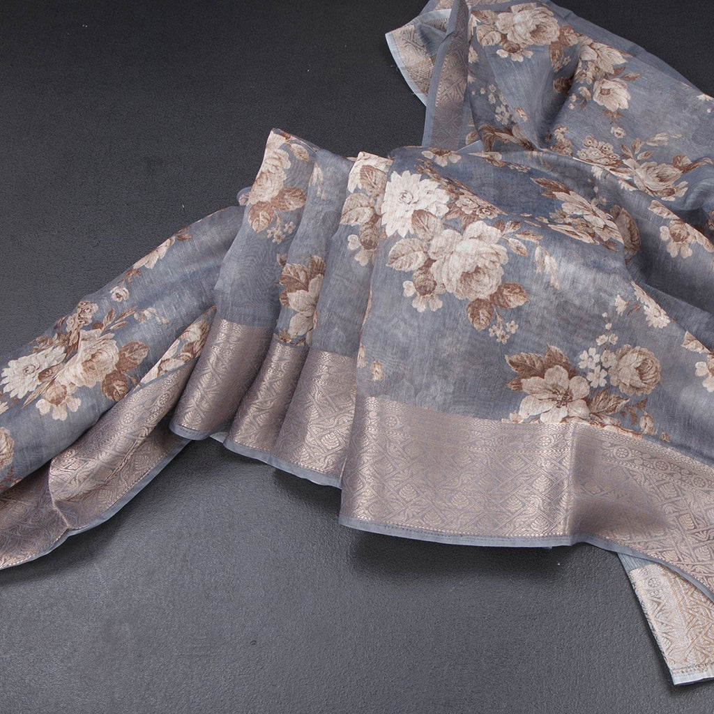 Semi Linen Grey Floral Printed Saree 09