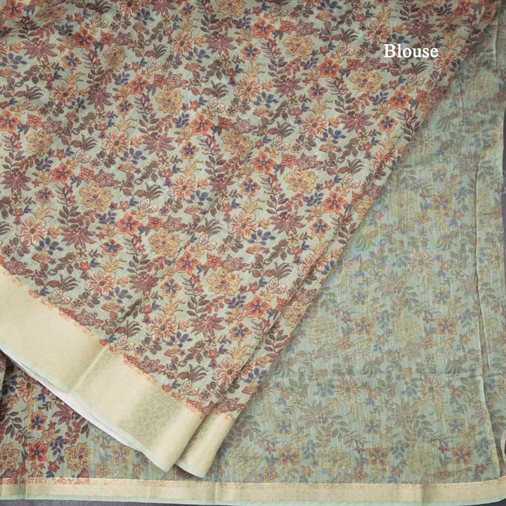 Semi Linen Pista Green Floral Printed Saree 03